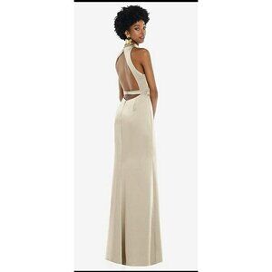 Lovely NEW HIGH NECK BACKLESS MAXI DRESS WITH SLIM BELT IN CHAMPAGNE Size 8 R